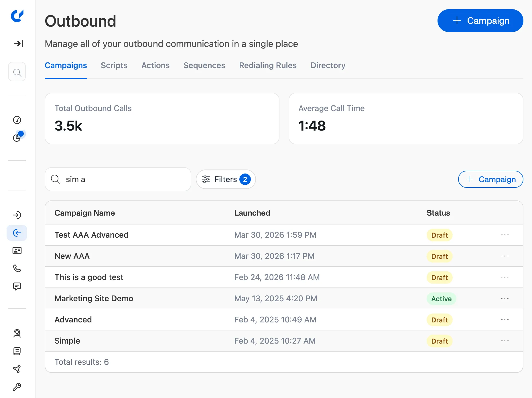 The new Outbound campaign wizard showing the step-by-step flow with Audience, Sequence, Redialing, and Test/Launch steps